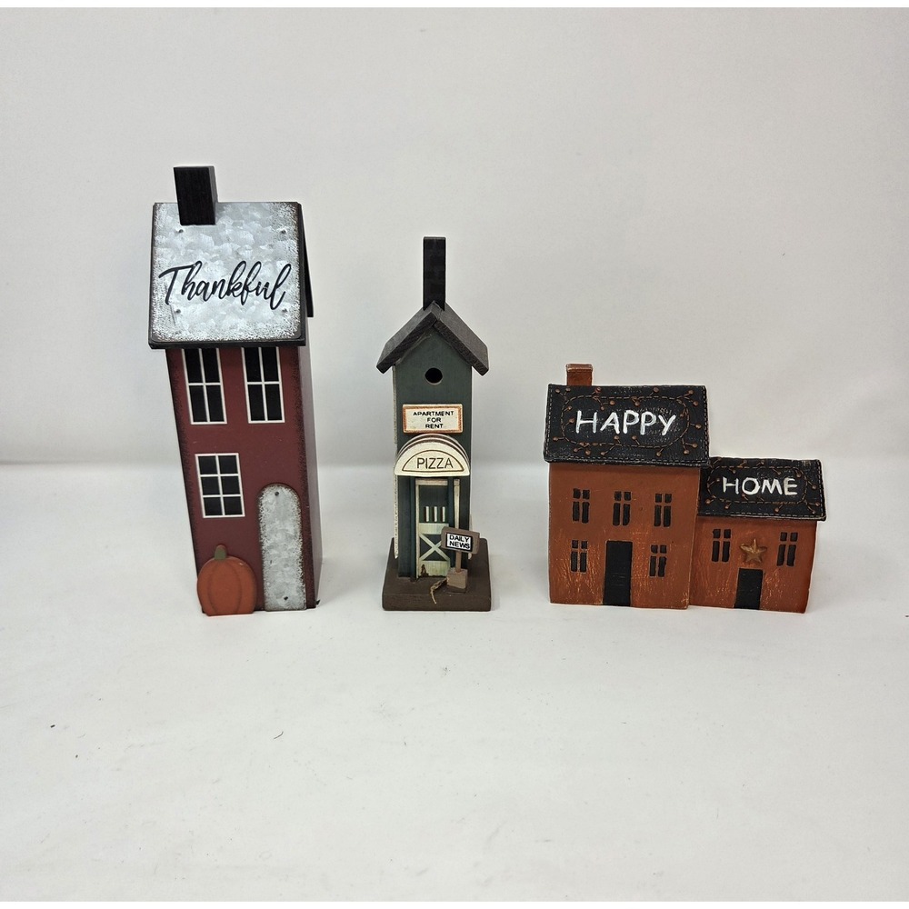 Primitive Farmhouse Wood House Decor Lot Set 3 Saltbox Birdhouse Pizza Shop